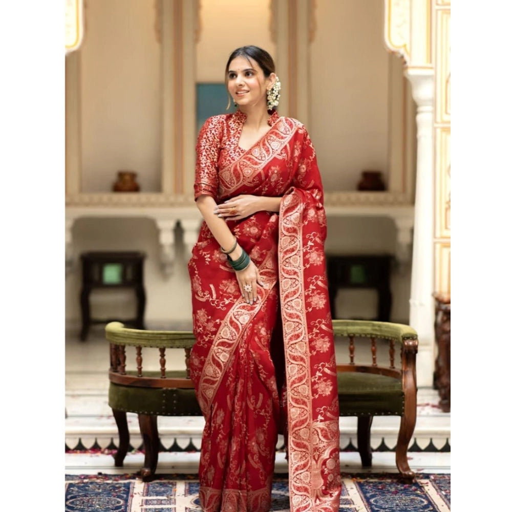 Amfyn Women's Pure Cotton Woven Arani Pattu Saree With Unstitched Blouse (5.5Mtr, Red)