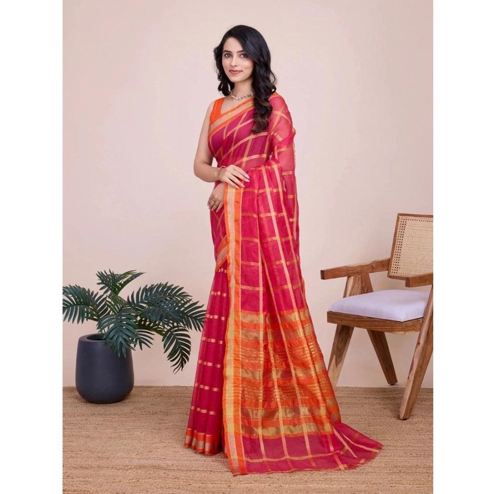 Amfyn Women's Cotton Silk Checkered Kota Doria Saree With Unstitched Blouse (5.5Mtr, Red)