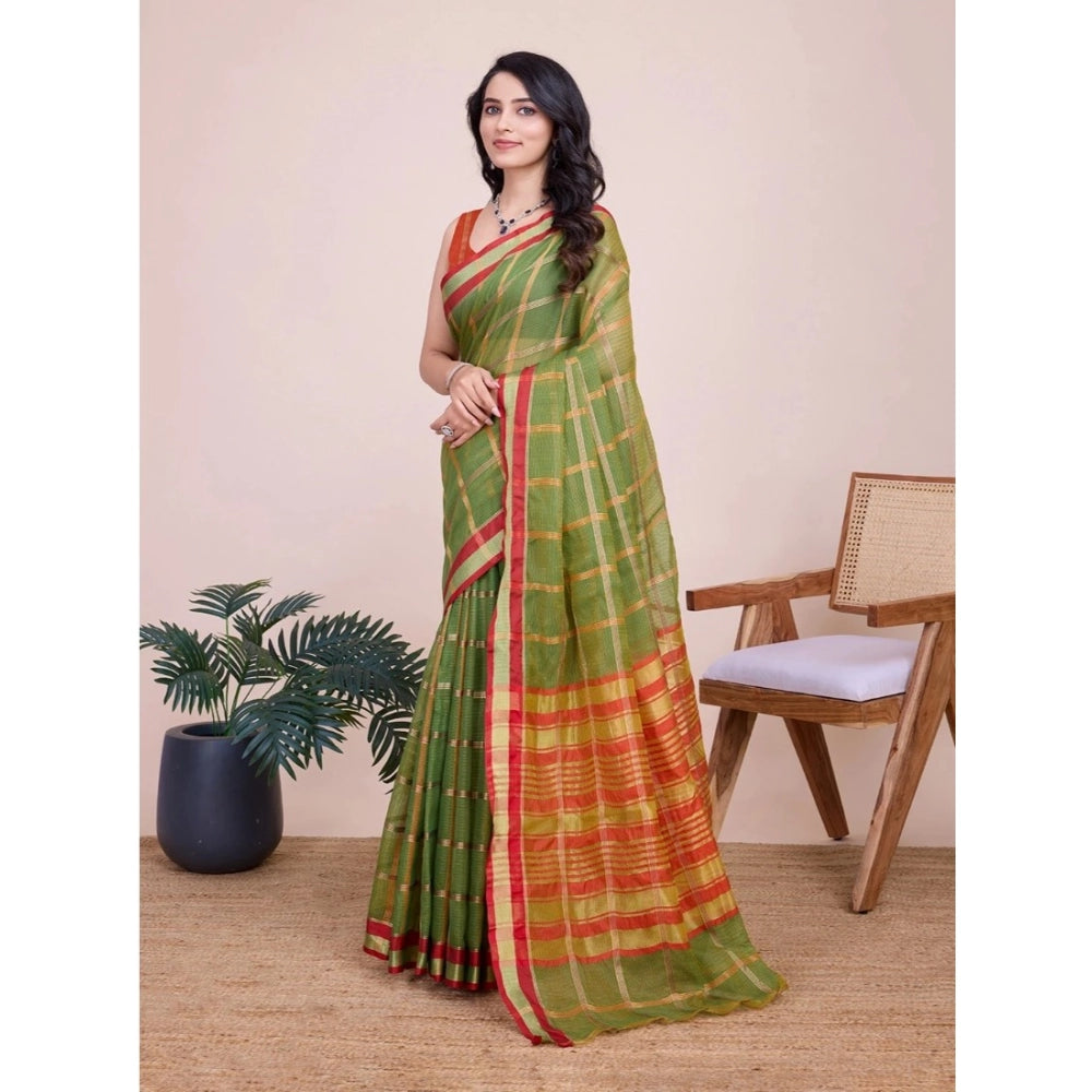Amfyn Women's Cotton Silk Checkered Kota Doria Saree With Unstitched Blouse (5.5Mtr, Mehendi)