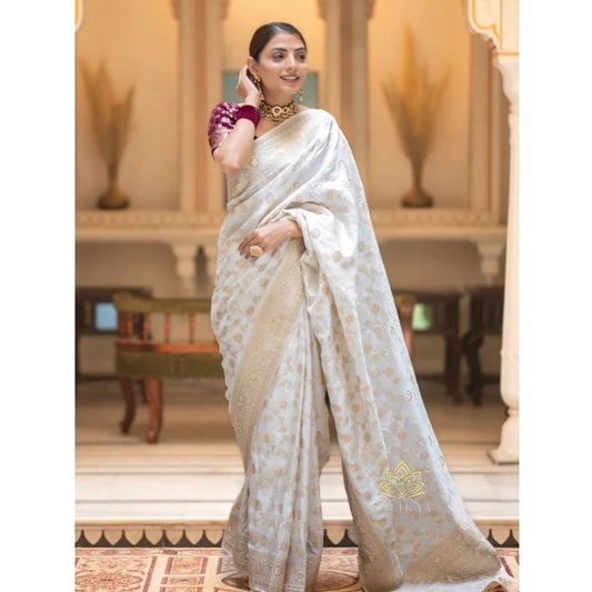 Amfyn Women's Silk Woven Kanjivaram Saree With Unstitched Blouse (5.5Mtr, White)
