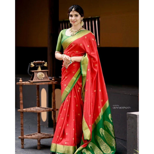 Amfyn Women's Silk Blend Self Design Banarasi Saree With Unstitched Blouse (5.5Mtr, Red Green)