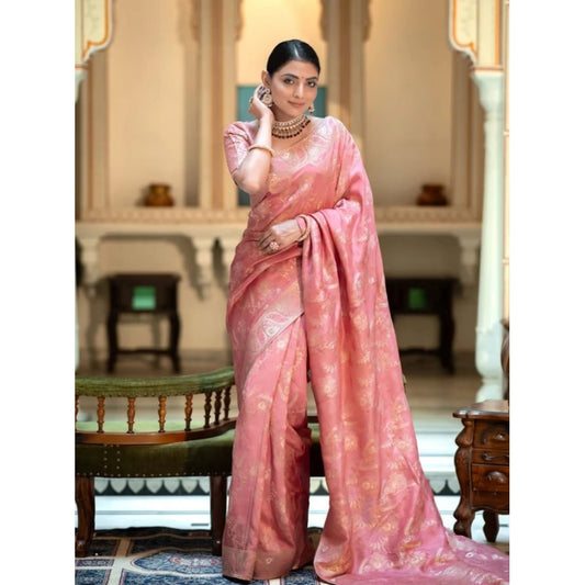 Amfyn Women's Art Silk Embellished Kanjivaram Saree With Unstitched Blouse (5.5Mtr, Peach)
