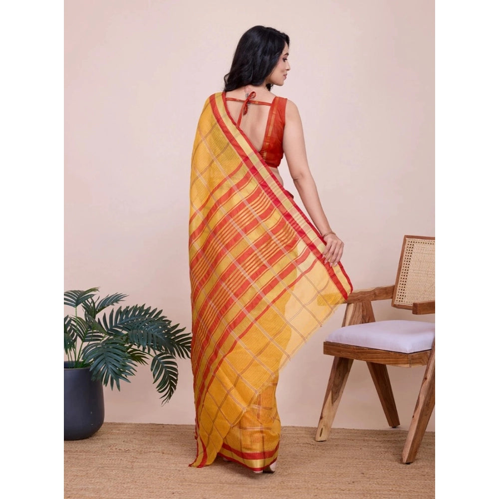 Amfyn Women's Cotton Silk Checkered Kota Doria Saree With Unstitched Blouse (5.5Mtr, Yellow)