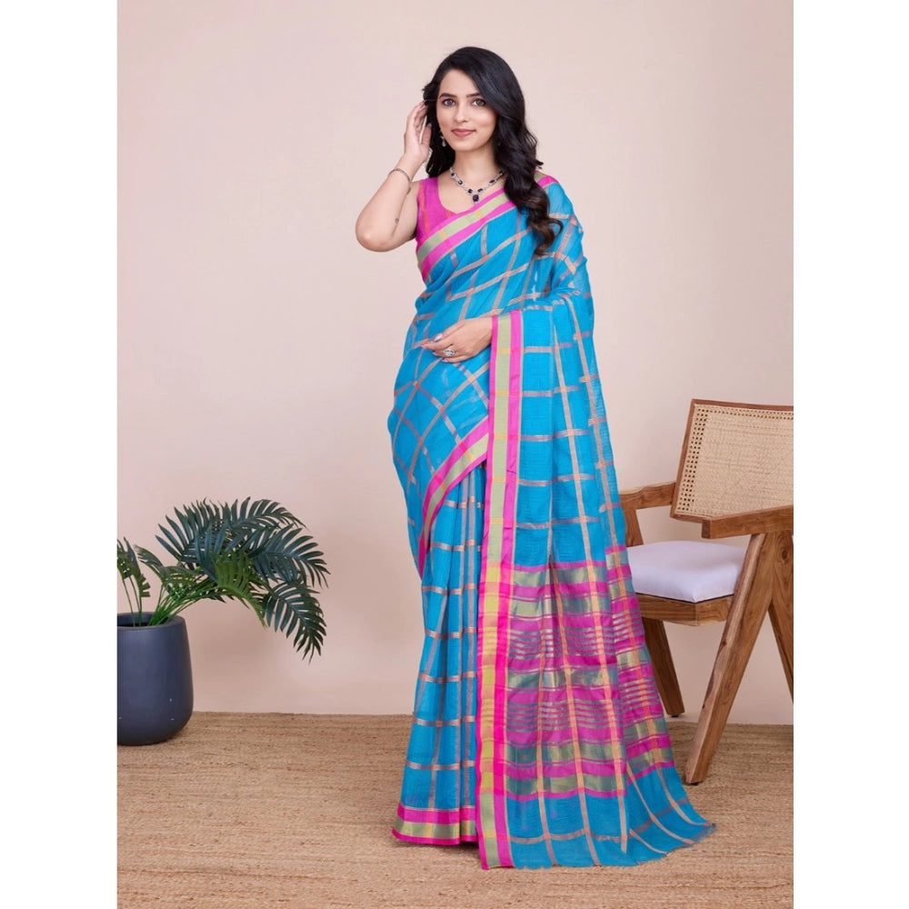Amfyn Women's Cotton Silk Checkered Kota Doria Saree With Unstitched Blouse (5.5Mtr, Sky Blue)