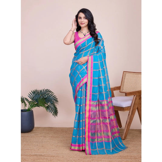 Amfyn Women's Cotton Silk Checkered Kota Doria Saree With Unstitched Blouse (5.5Mtr, Sky Blue)