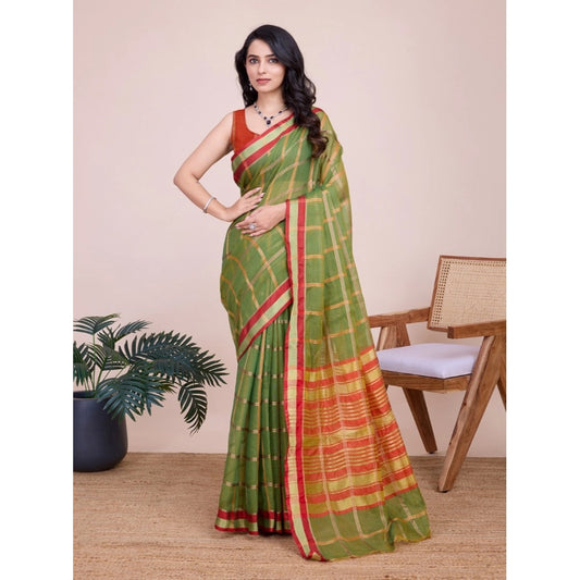 Amfyn Women's Cotton Silk Checkered Kota Doria Saree With Unstitched Blouse (5.5Mtr, Mehendi)