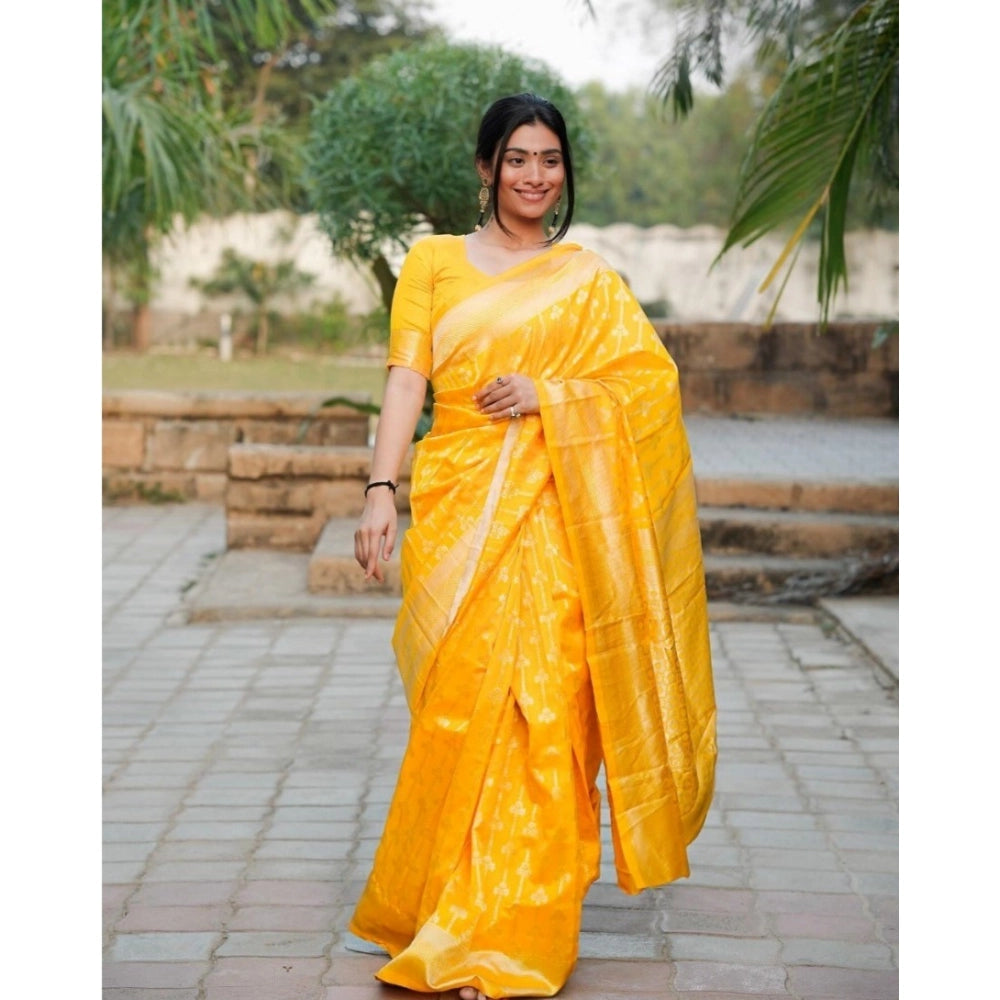 Amfyn Women's Silk Blend Self Design Banarasi Saree With Unstitched Blouse (5.5Mtr, Yellow)