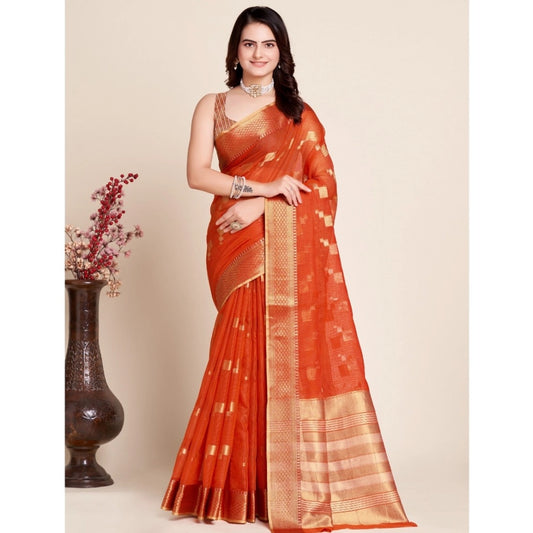 Amfyn Women's Silk Blend Printed Banarasi Saree With Unstitched Blouse (5.5Mtr, Red)