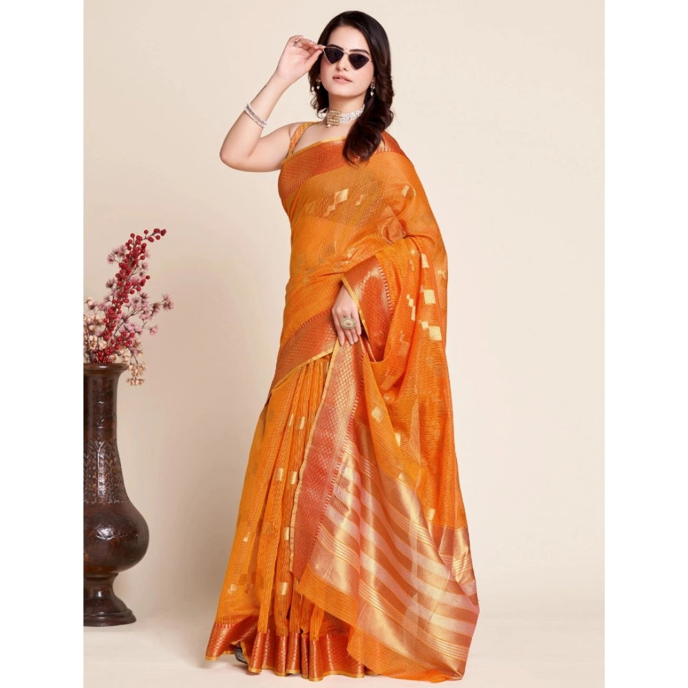 Amfyn Women's Silk Blend Printed Banarasi Saree With Unstitched Blouse (5.5Mtr, Orange)