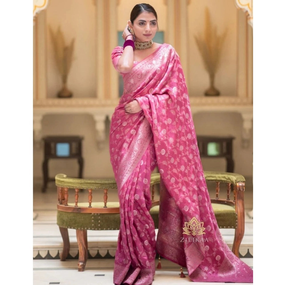 Amfyn Women's Silk Woven Kanjivaram Saree With Unstitched Blouse (5.5Mtr, Pink)