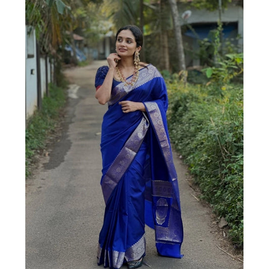 Amfyn Women's Silk Woven Kanjivaram Saree With Unstitched Blouse (5.5Mtr, Blue)
