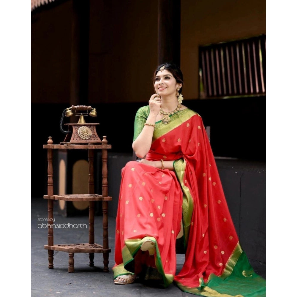 Amfyn Women's Silk Blend Self Design Banarasi Saree With Unstitched Blouse (5.5Mtr, Red Green)