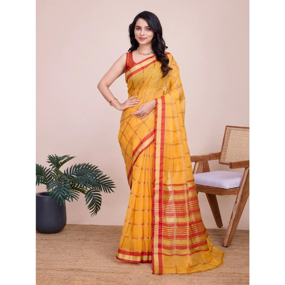 Amfyn Women's Cotton Silk Checkered Kota Doria Saree With Unstitched Blouse (5.5Mtr, Yellow)
