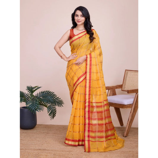 Amfyn Women's Cotton Silk Checkered Kota Doria Saree With Unstitched Blouse (5.5Mtr, Yellow)