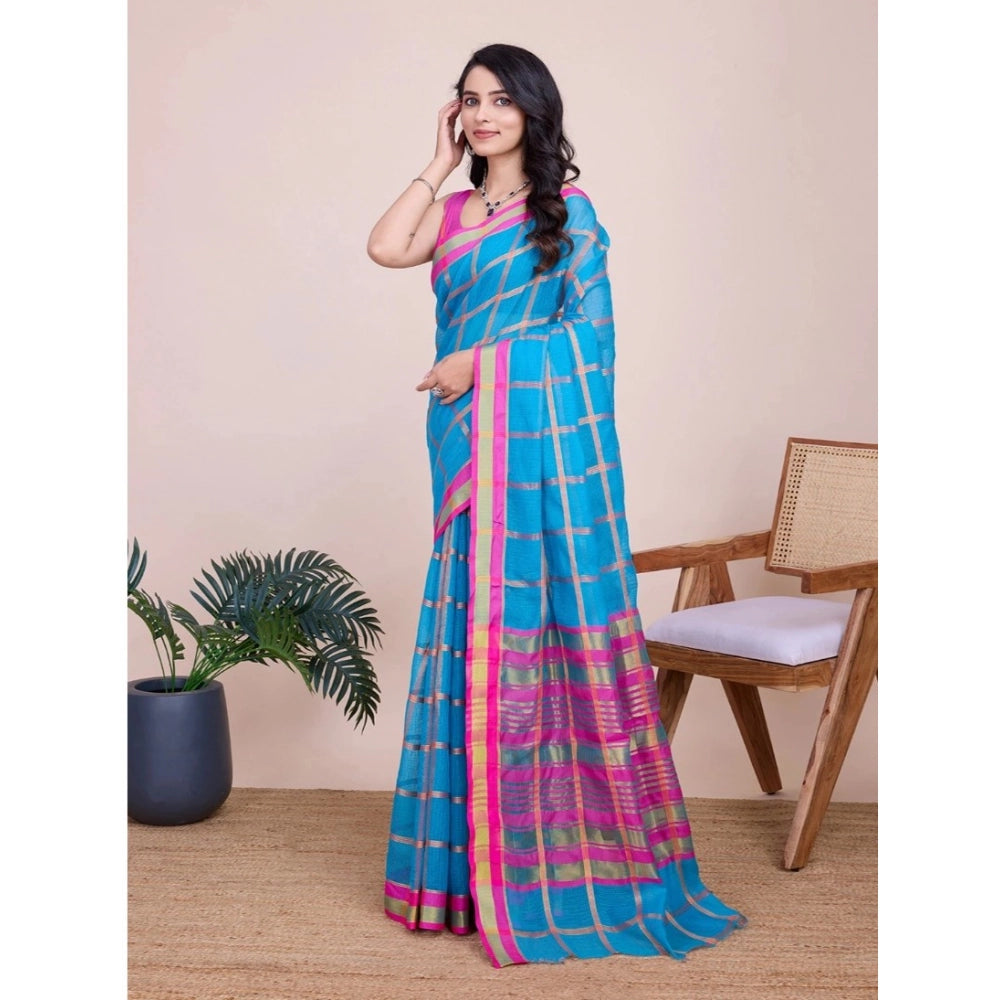 Amfyn Women's Cotton Silk Checkered Kota Doria Saree With Unstitched Blouse (5.5Mtr, Sky Blue)