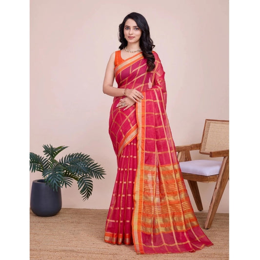 Amfyn Women's Cotton Silk Checkered Kota Doria Saree With Unstitched Blouse (5.5Mtr, Red)