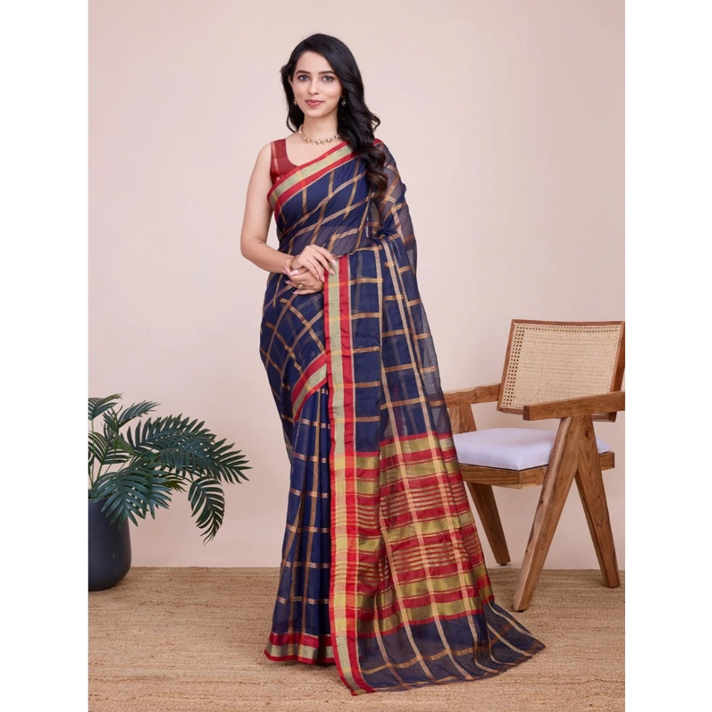 Amfyn Women's Cotton Silk Checkered Kota Doria Saree With Unstitched Blouse (5.5Mtr, Navy Blue)