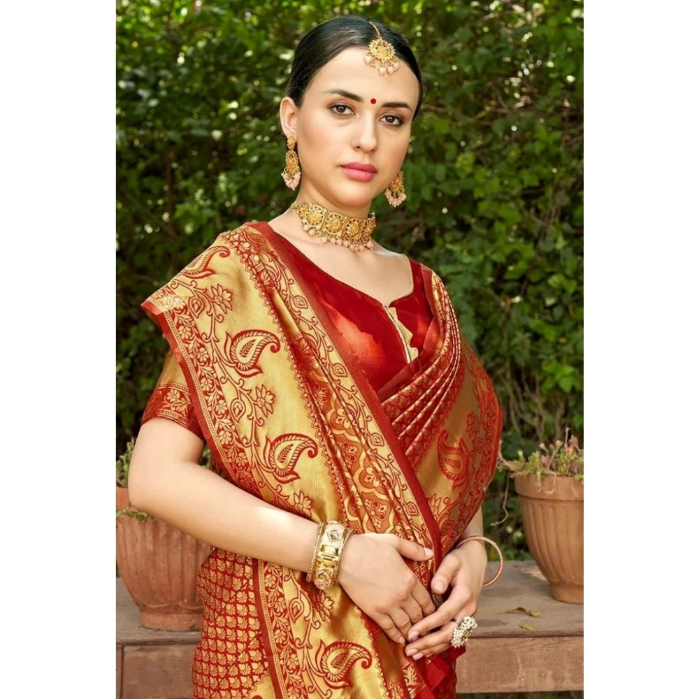 Amfyn Women's Silk Woven Kanjivaram Saree With Unstitched Blouse (5.5Mtr, Red)