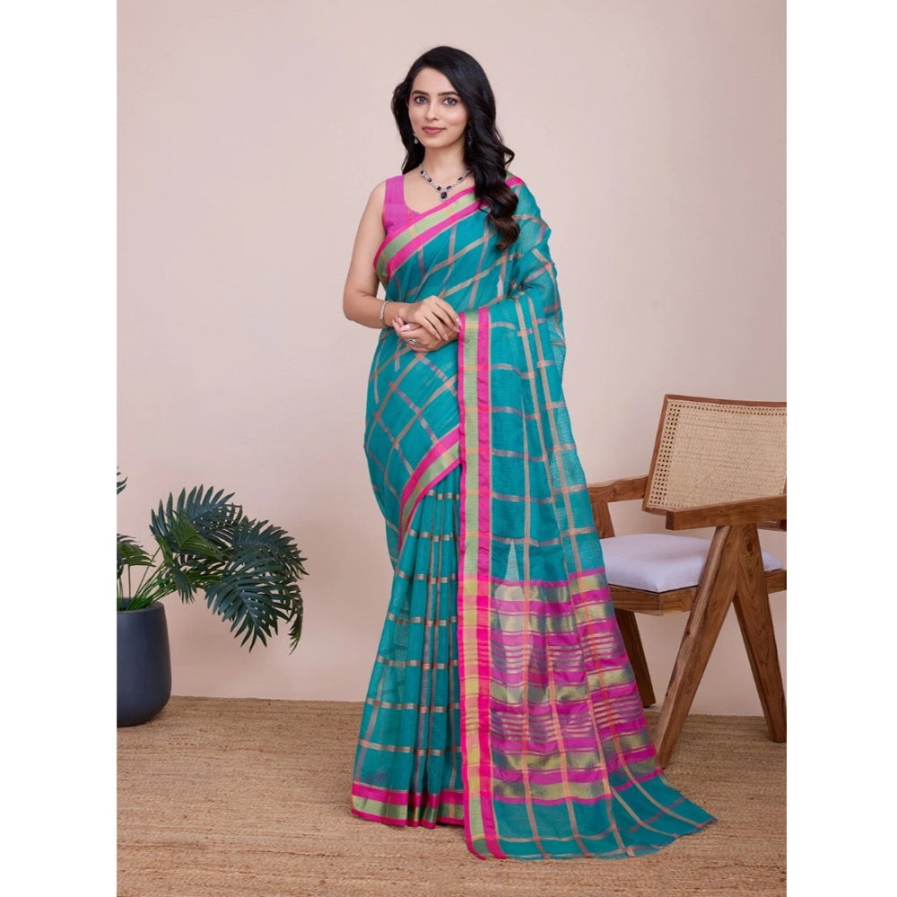 Amfyn Women's Cotton Silk Checkered Kota Doria Saree With Unstitched Blouse (5.5Mtr, Rama)