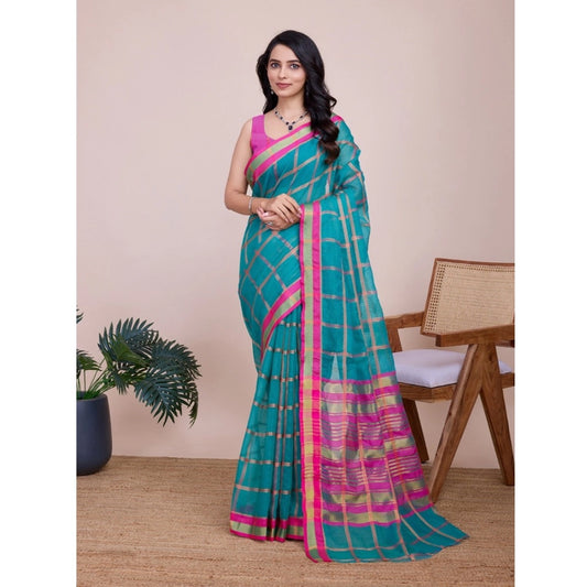 Amfyn Women's Cotton Silk Checkered Kota Doria Saree With Unstitched Blouse (5.5Mtr, Rama)