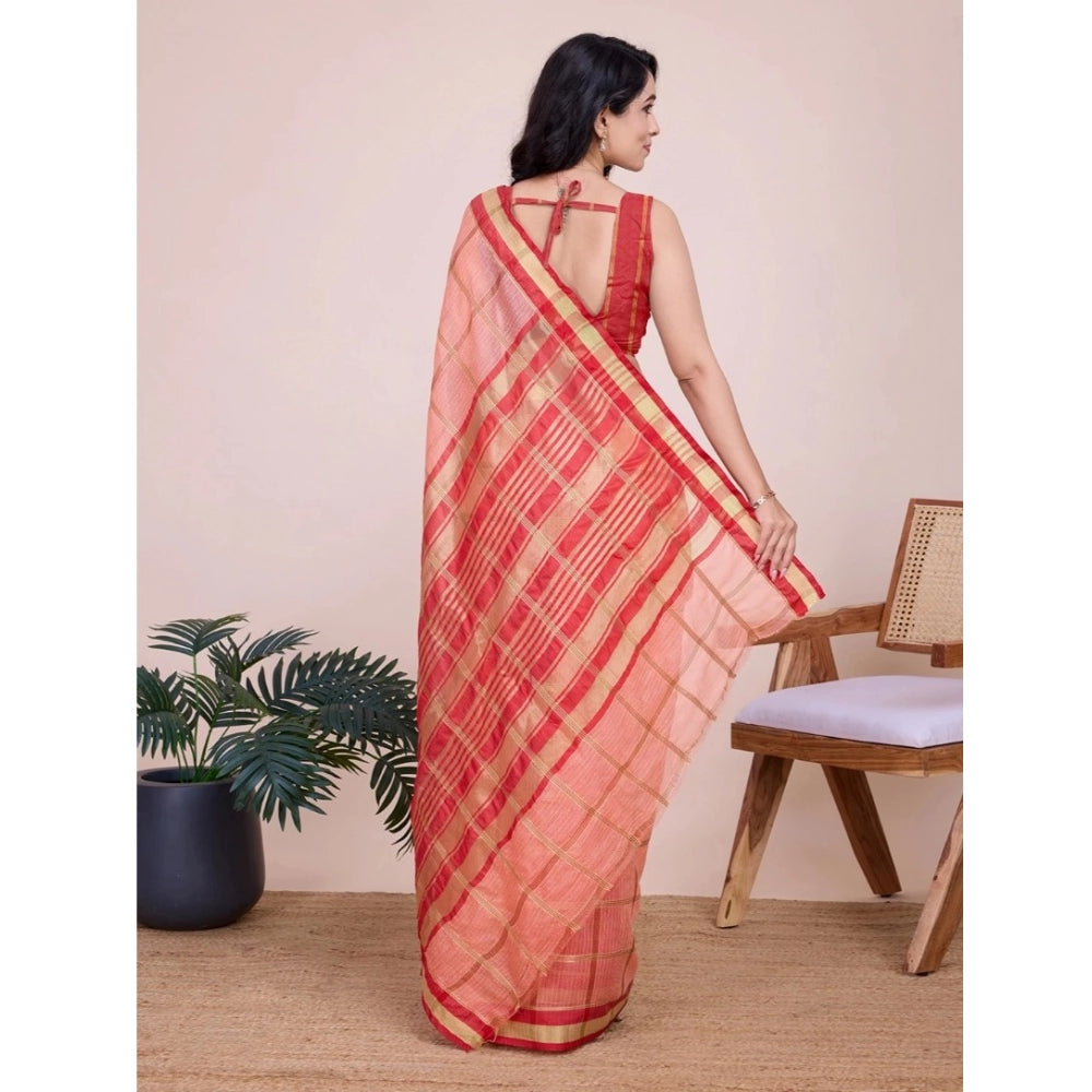 Amfyn Women's Cotton Silk Checkered Kota Doria Saree With Unstitched Blouse (5.5Mtr, Peach)