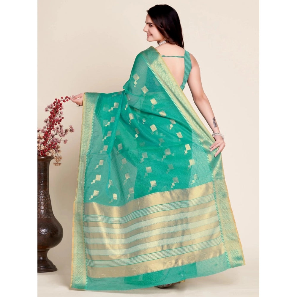 Amfyn Women's Silk Blend Printed Banarasi Saree With Unstitched Blouse (5.5Mtr, Rama Green)
