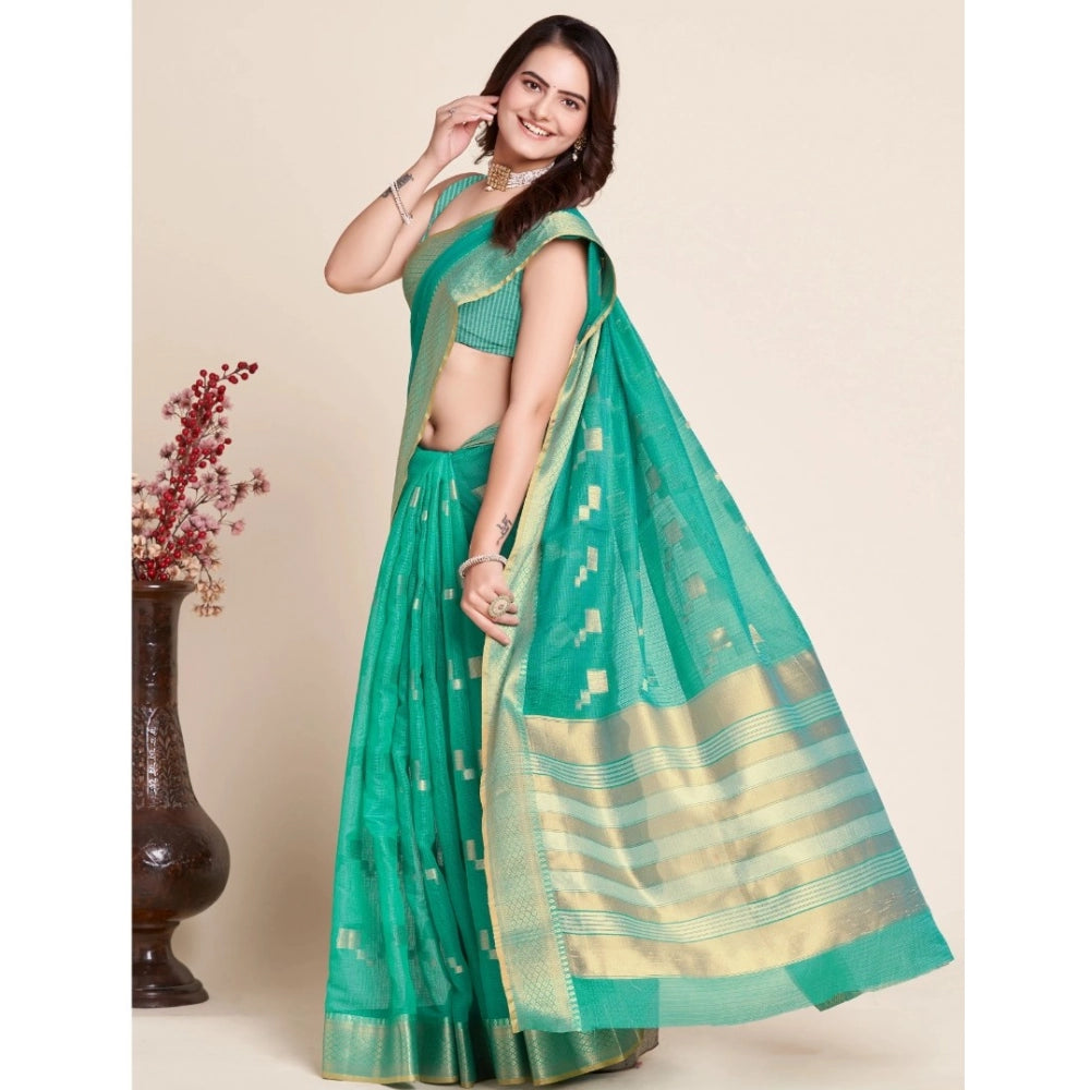 Amfyn Women's Silk Blend Printed Banarasi Saree With Unstitched Blouse (5.5Mtr, Rama Green)