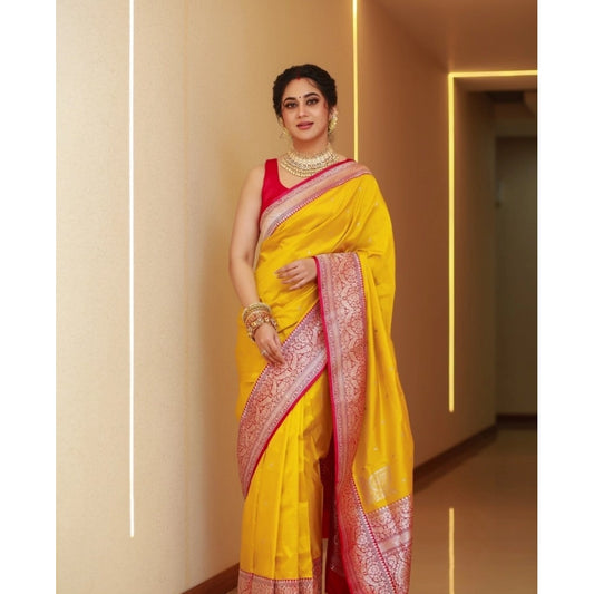 Amfyn Women's Silk Blend Self Design Banarasi Saree With Unstitched Blouse (5.5Mtr, Yellow Red)