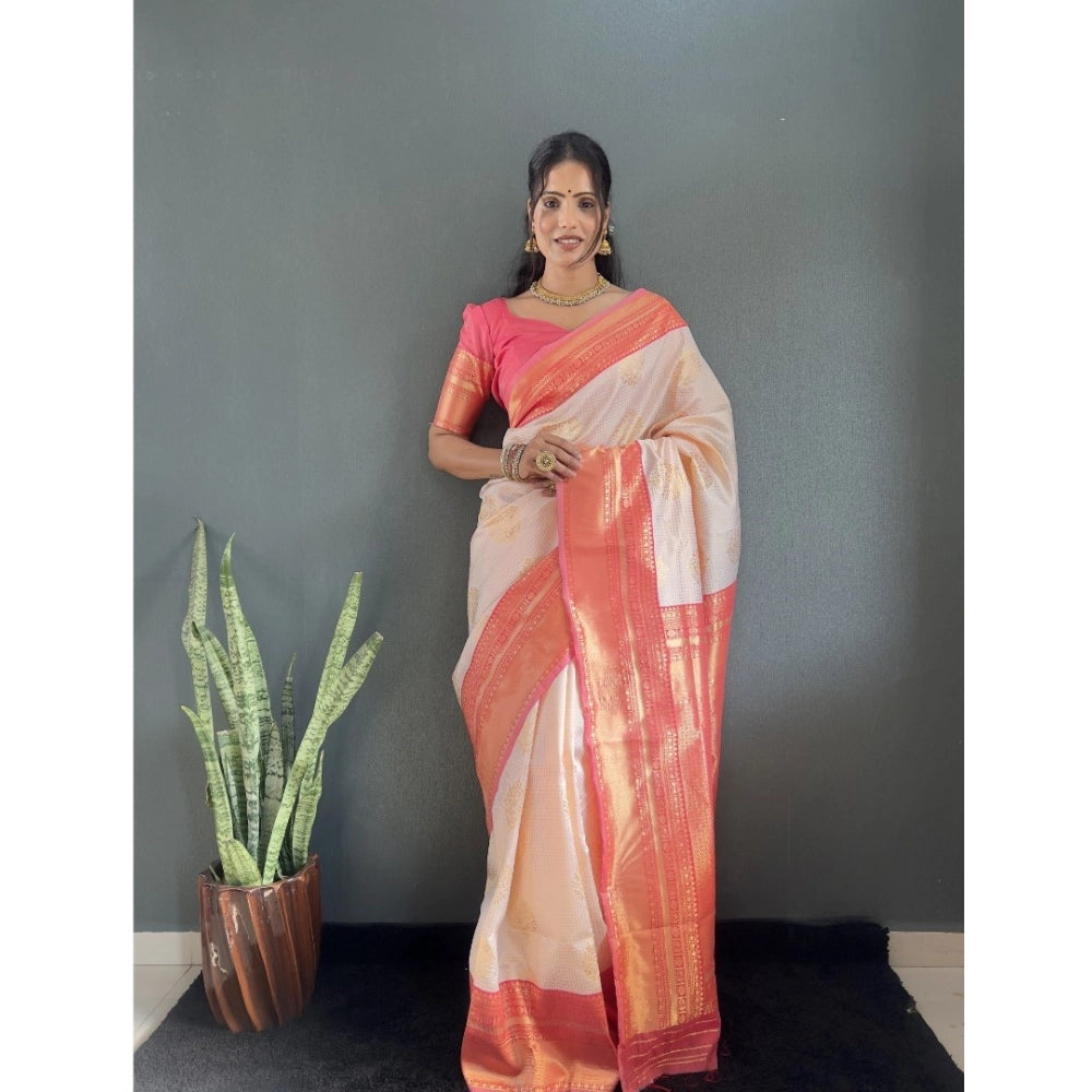 Amfyn Women's Silk Blend Woven Kanjivaram Saree With Unstitched Blouse (5.5Mtr, Peach)