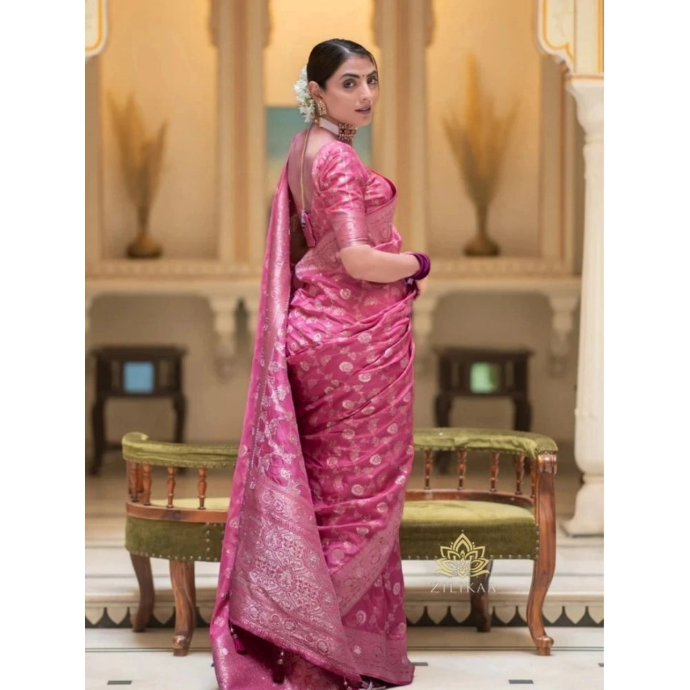 Amfyn Women's Silk Woven Kanjivaram Saree With Unstitched Blouse (5.5Mtr, Pink)