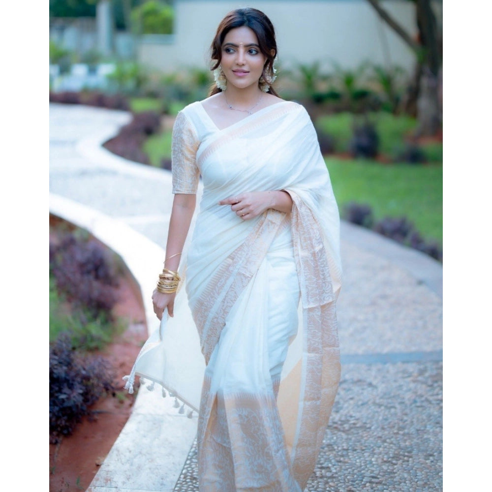 Amfyn Women's Silk Blend Self Design Bollywood Saree With Unstitched Blouse (5.5Mtr, White)