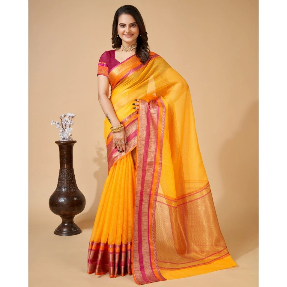Amfyn Women's Cotton Blend Woven  Saree With Unstitched Blouse (5.5Mtr, Yellow)