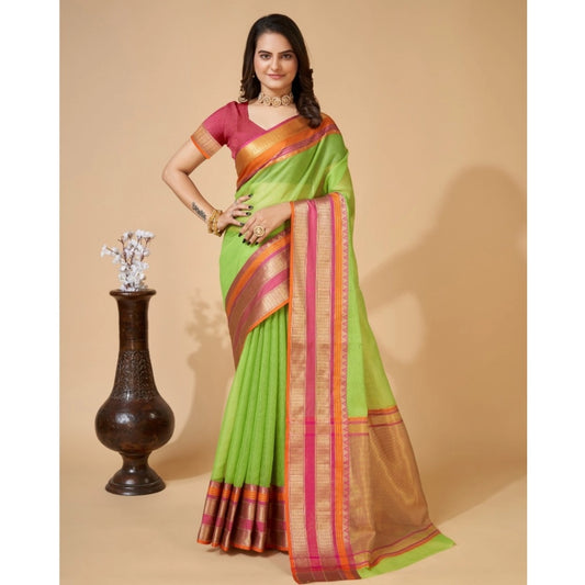 Amfyn Women's Cotton Blend Woven  Saree With Unstitched Blouse (5.5Mtr, Light Green)