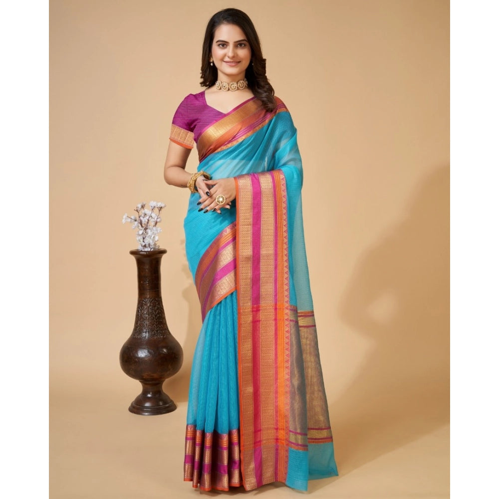 Amfyn Women's Cotton Blend Woven  Saree With Unstitched Blouse (5.5Mtr, Blue)