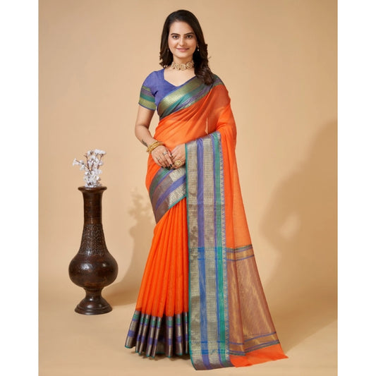 Amfyn Women's Cotton Blend Woven  Saree With Unstitched Blouse (5.5Mtr, Orange)