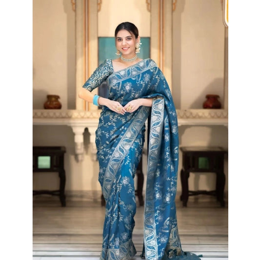 Amfyn Women's Art Silk Embellished Kanjivaram Saree With Unstitched Blouse (5.5Mtr, Rama)