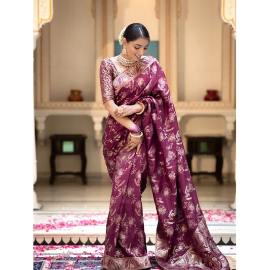 Amfyn Women's Art Silk Embellished Kanjivaram Saree With Unstitched Blouse (5.5Mtr, Purple)