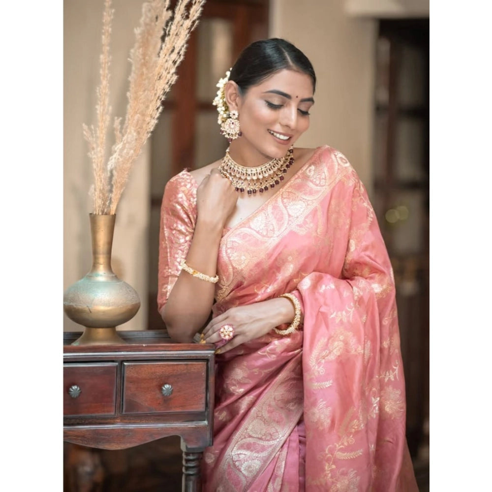 Amfyn Women's Art Silk Embellished Kanjivaram Saree With Unstitched Blouse (5.5Mtr, Peach)