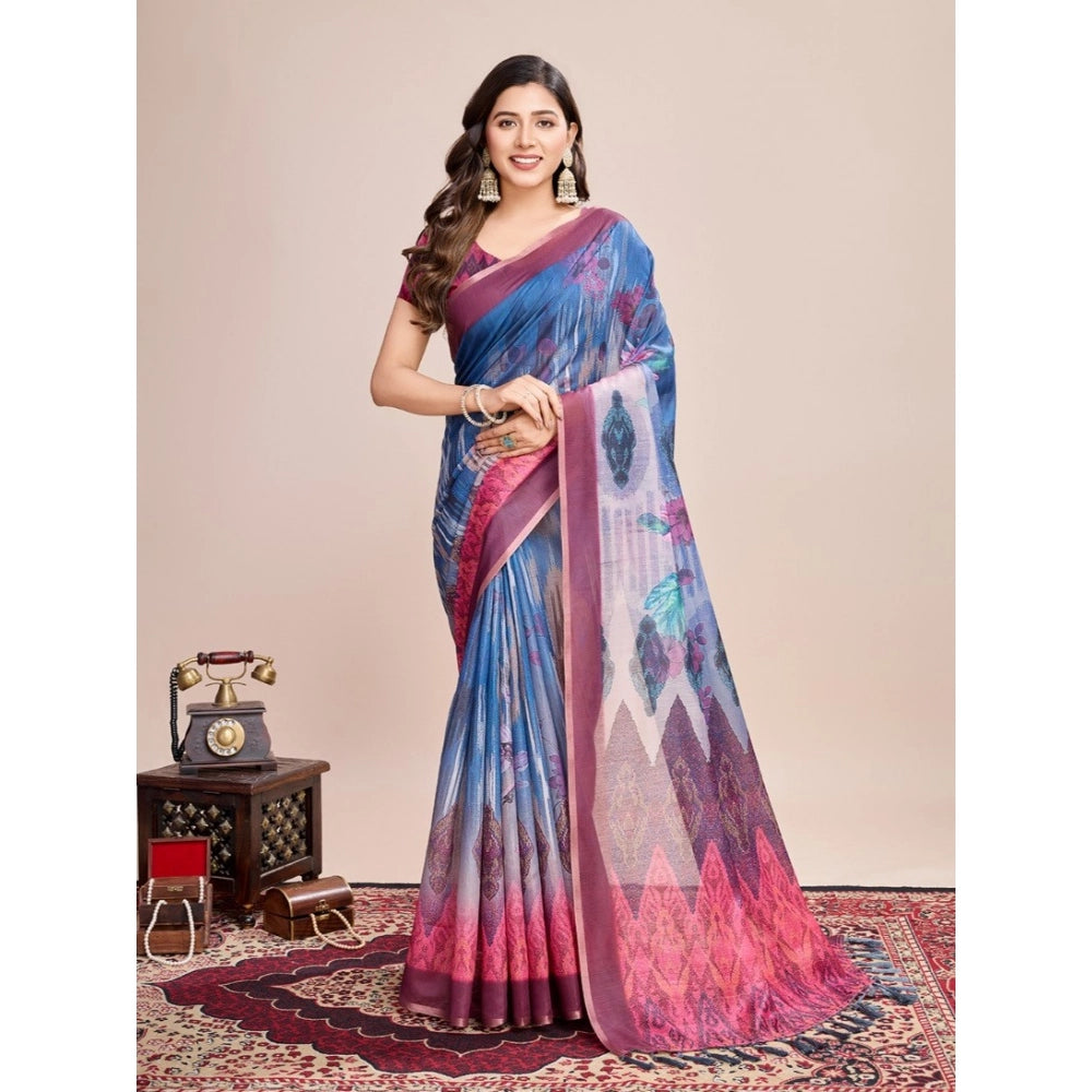 Amfyn Women's Georgette Embroidered  Saree With Unstitched Blouse (5.5Mtr, Blue)