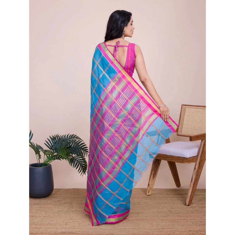 Amfyn Women's Cotton Silk Checkered Kota Doria Saree With Unstitched Blouse (5.5Mtr, Sky Blue)