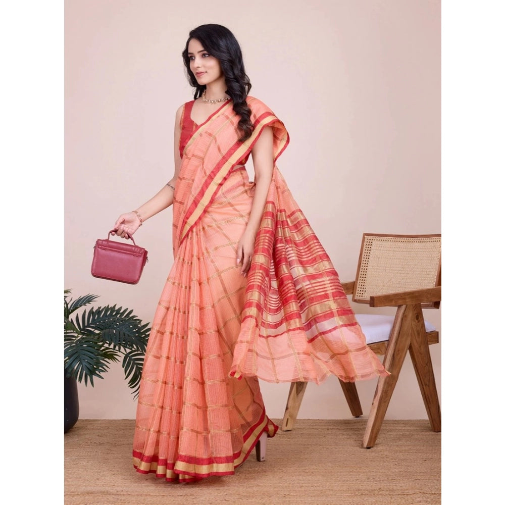 Amfyn Women's Cotton Silk Checkered Kota Doria Saree With Unstitched Blouse (5.5Mtr, Peach)