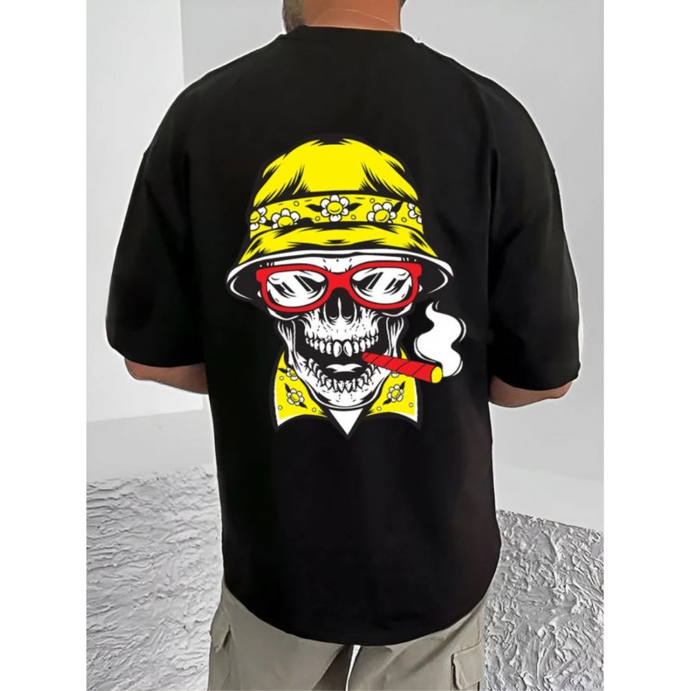 Amfyn Men's Casual Cotton Blend Printed Round Neck Half Sleeve T-Shirt (Black)