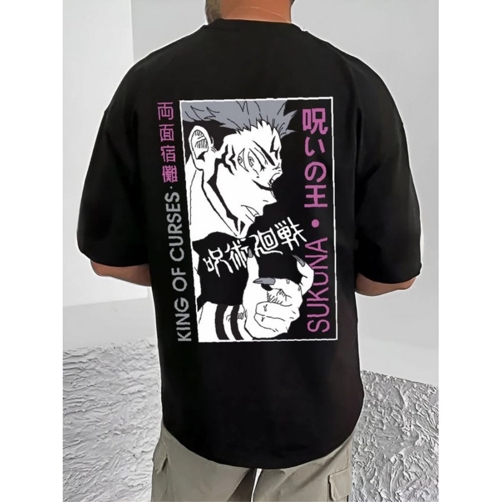 Amfyn Men's Casual Cotton Blend Printed Round Neck Half Sleeve T-Shirt (Black)