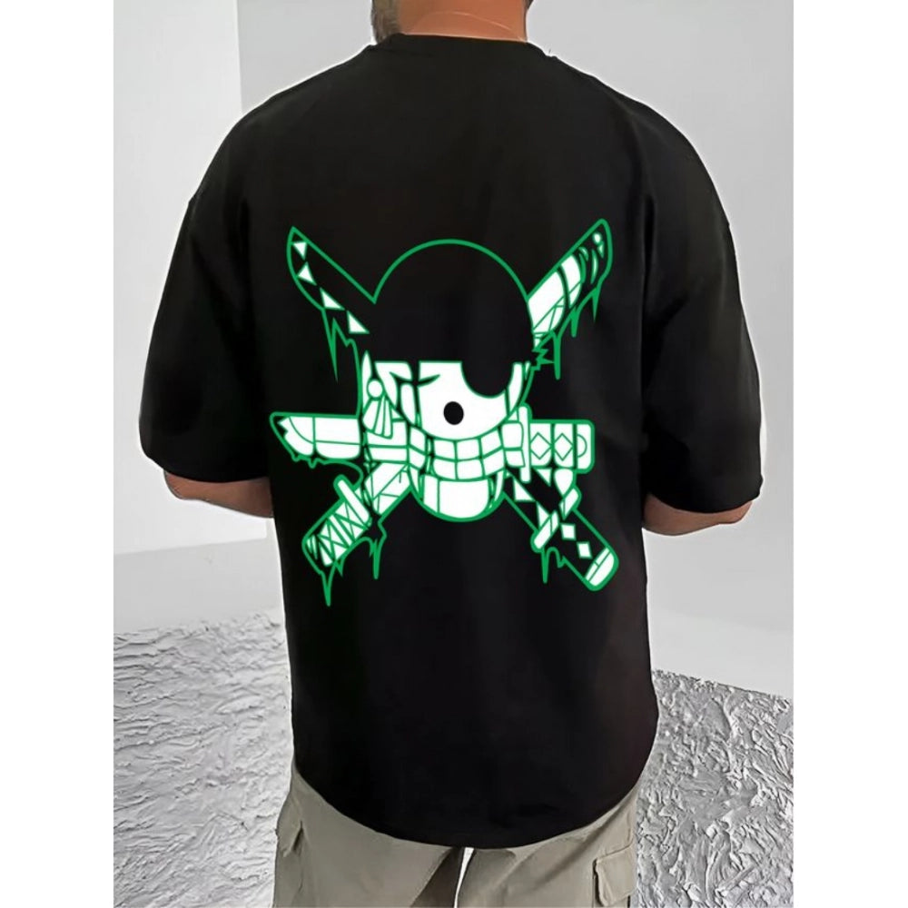 Amfyn Men's Casual Cotton Blend Printed Round Neck Half Sleeve T-Shirt (Black)