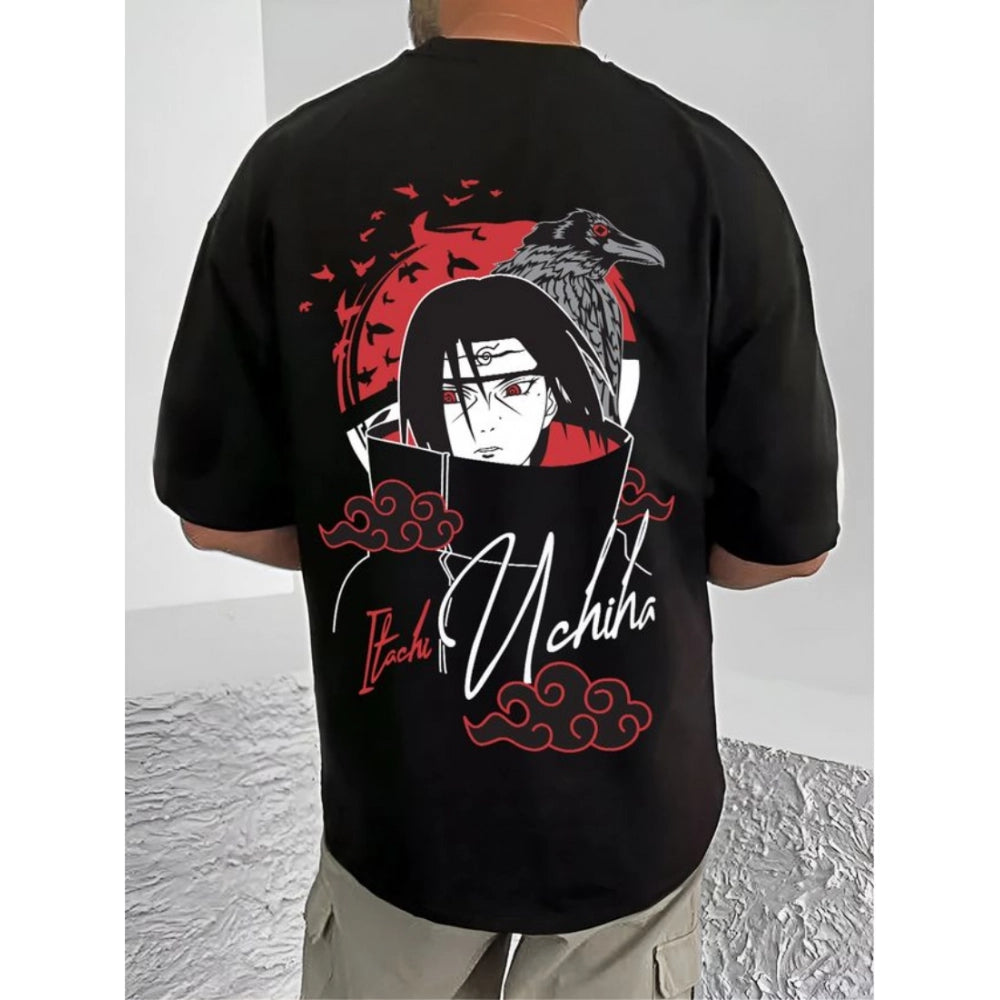 Amfyn Men's Casual Cotton Blend Printed Round Neck Half Sleeve T-Shirt (Black)