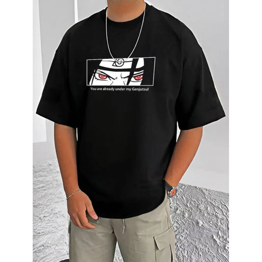 Amfyn Men's Casual Cotton Blend Printed Round Neck Half Sleeve T-Shirt (Black)