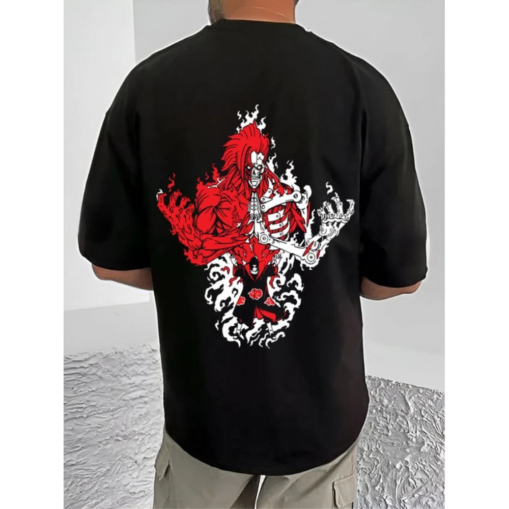 Amfyn Men's Casual Cotton Blend Printed Round Neck Half Sleeve T-Shirt (Black)