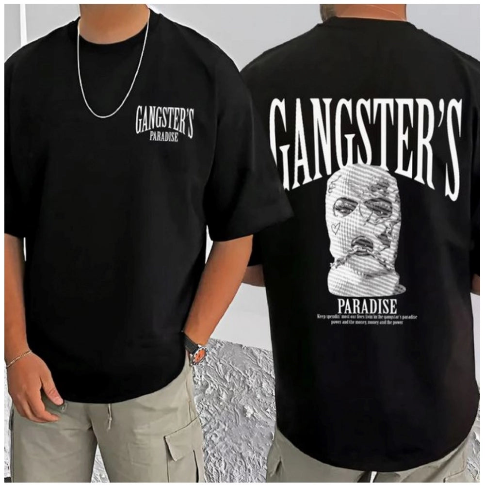 Amfyn Men's Casual Cotton Blend Printed Round Neck Half Sleeve T-Shirt (Black)