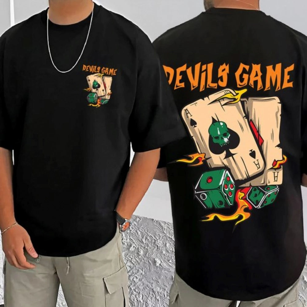 Amfyn Men's Casual Cotton Blend Printed Round Neck Half Sleeve T-Shirt (Black)