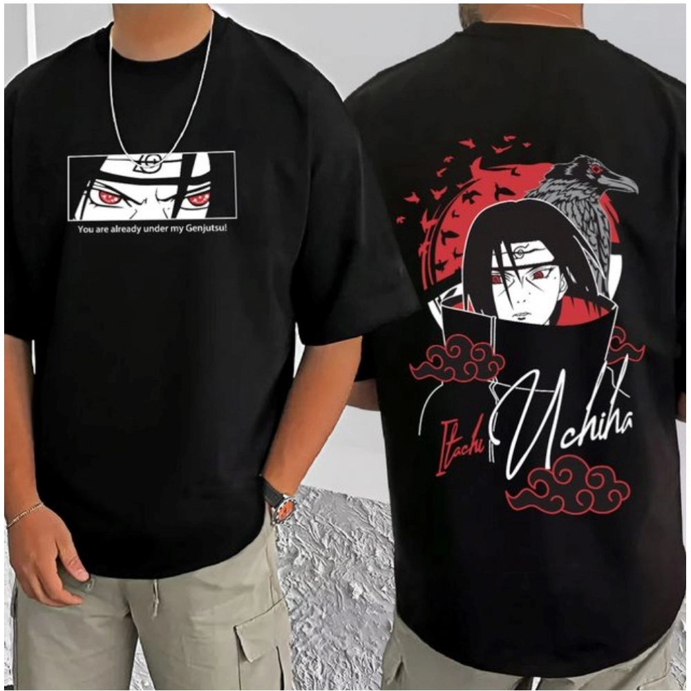 Amfyn Men's Casual Cotton Blend Printed Round Neck Half Sleeve T-Shirt (Black)